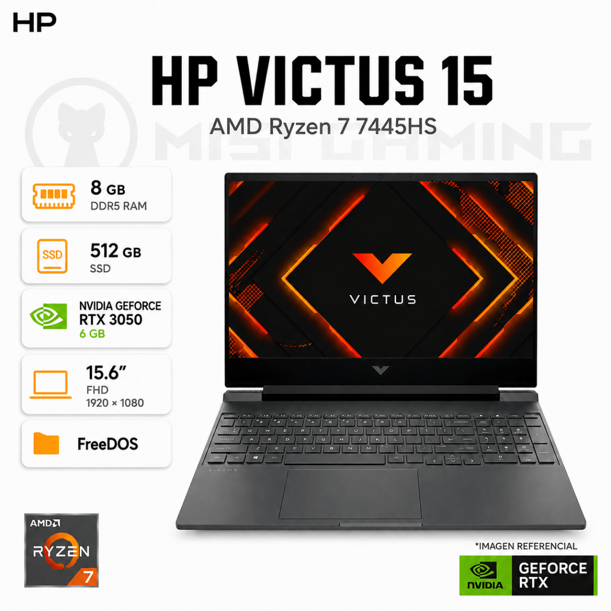 LAPTOP HP VICTUS 15-FB3019LA RYZEN 7 7445HS 8GB DDR5 512GB M.2 15.6