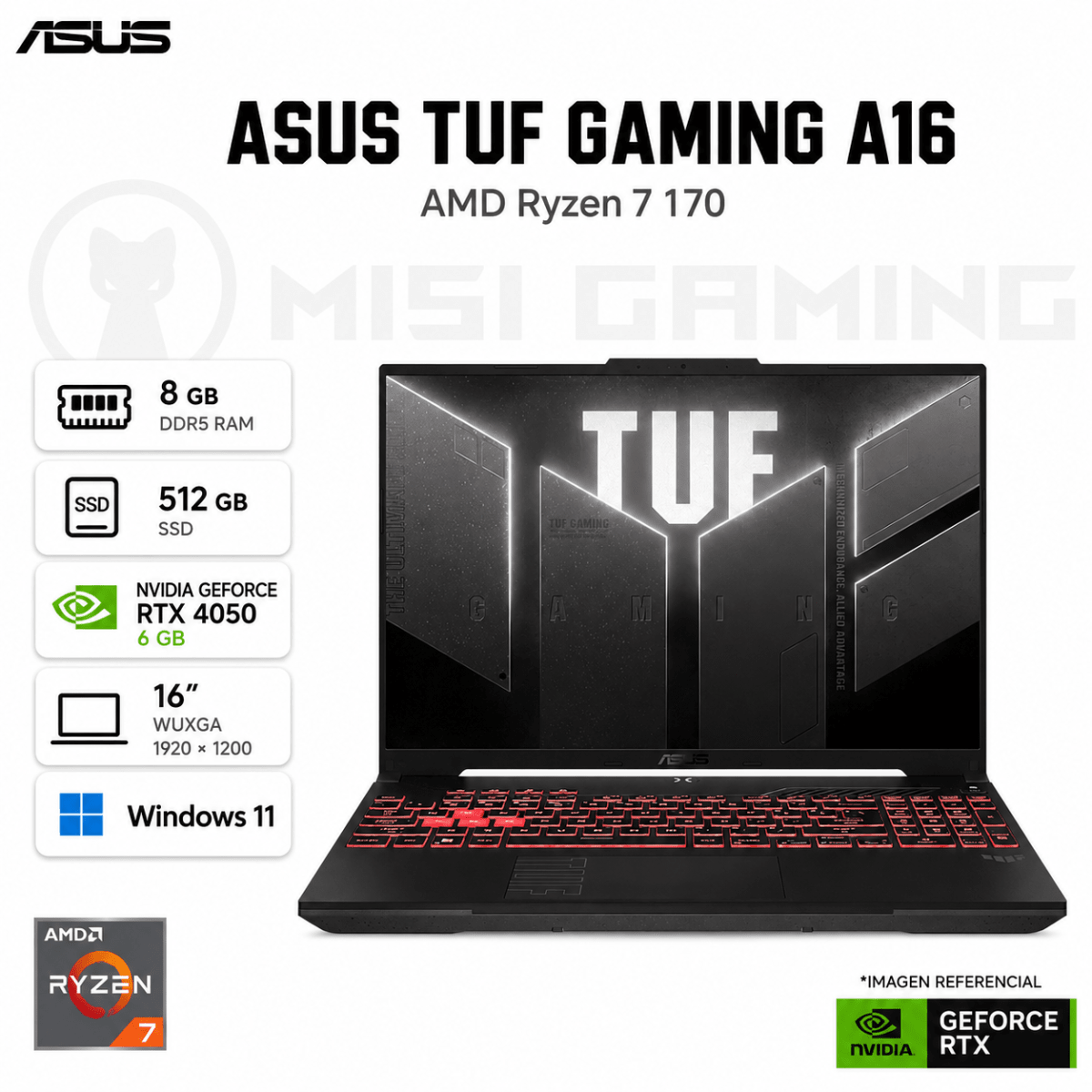 LAPTOP ASUS TUF GAMING A16 RYZEN 7 170 8GB DDR5 512GB M.2 16