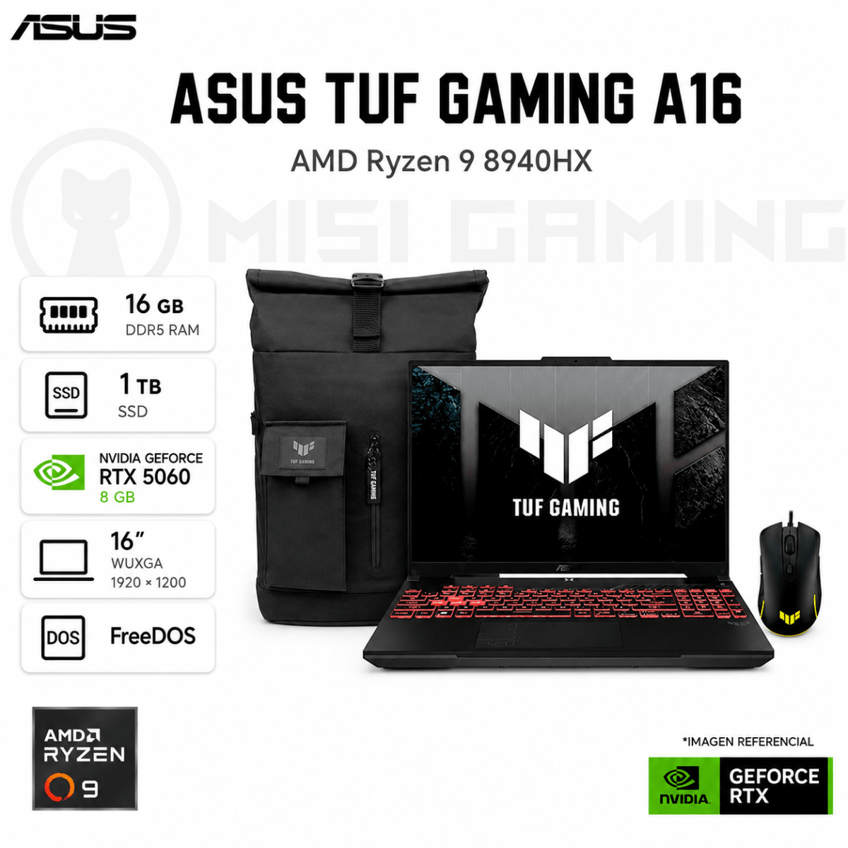 LAPTOP ASUS TUF GAMING A16 RYZEN 9 8940HX 16GB DDR5 1TB M.2 16