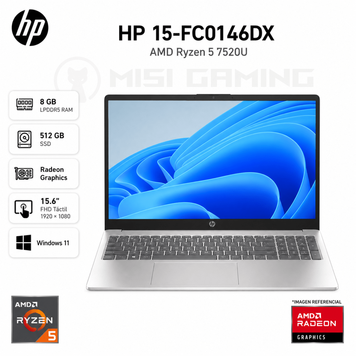 LAPTOP HP 15-FC0146DX RYZEN 5 7520U 8GB LPDDR5 512GB M.2 15.6