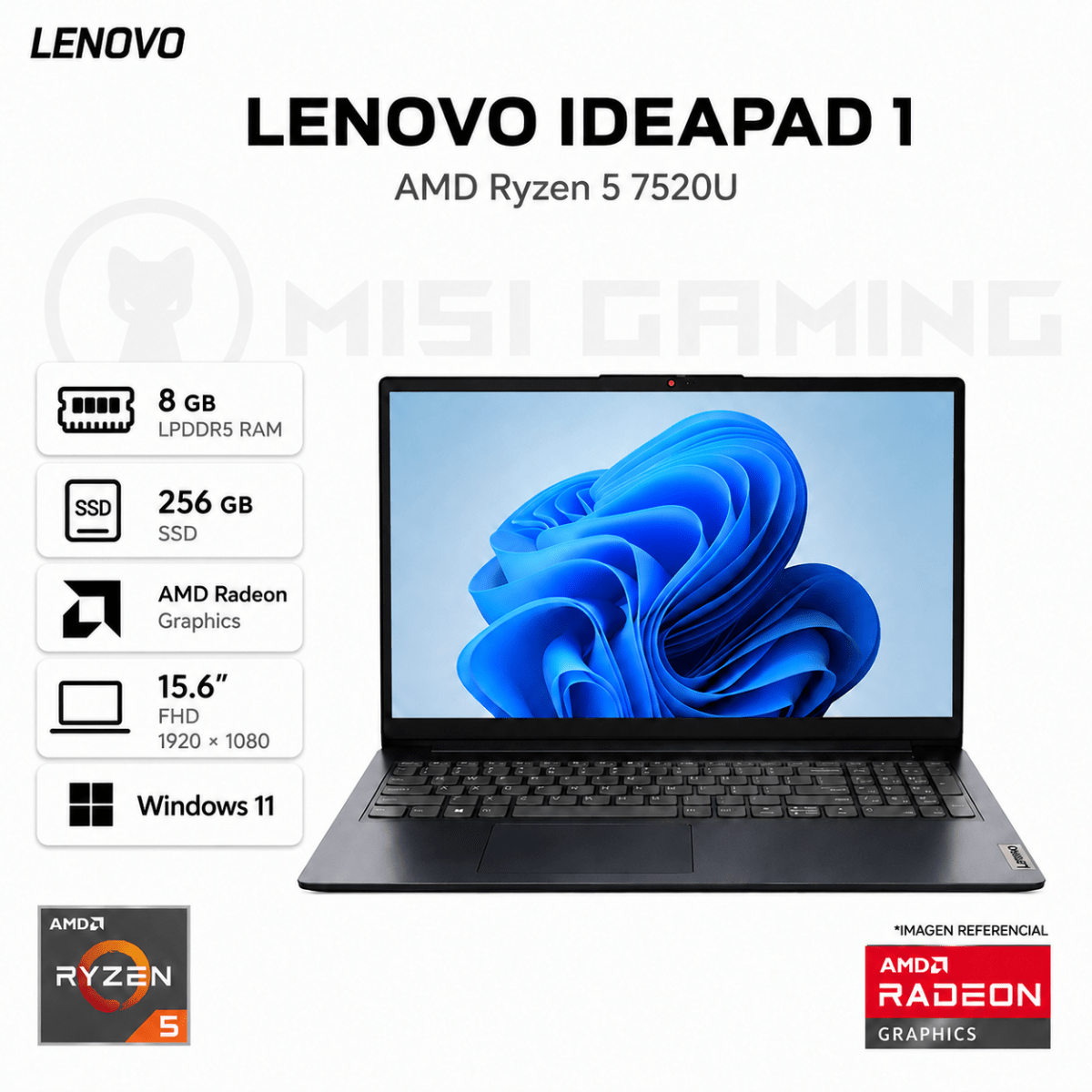 LAPTOP LENOVO IDEAPAD 1 15AMN7 RYZEN 5 7520U 8GB LPDDR5 256GB M.2 15.6