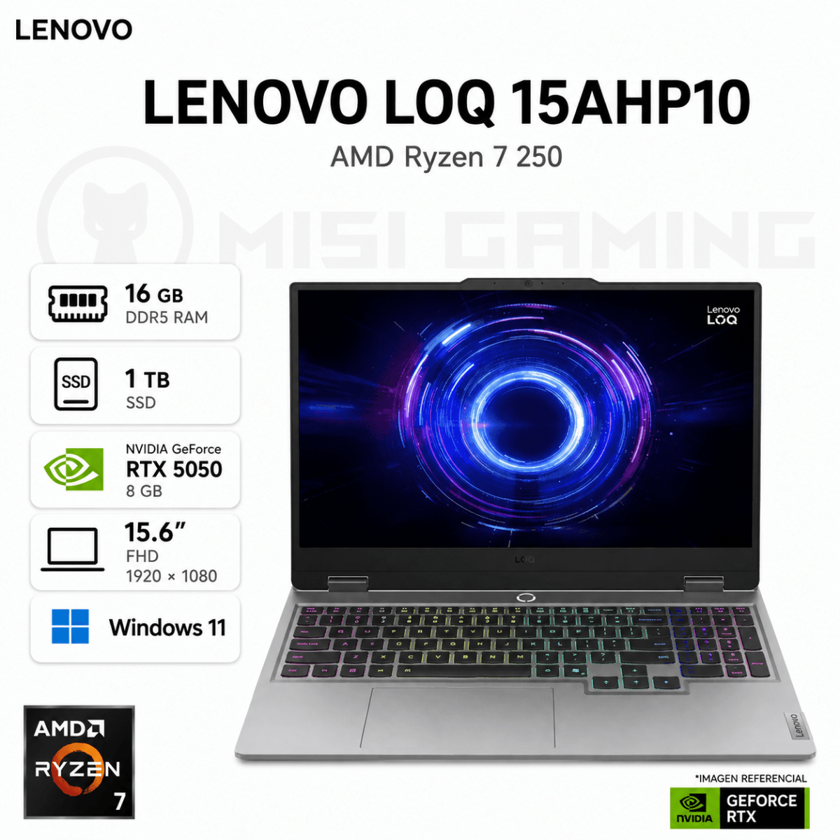LAPTOP LENOVO LOQ 15AHP10 RYZEN 7 250 16GB DDR5 1TB M.2 15.6