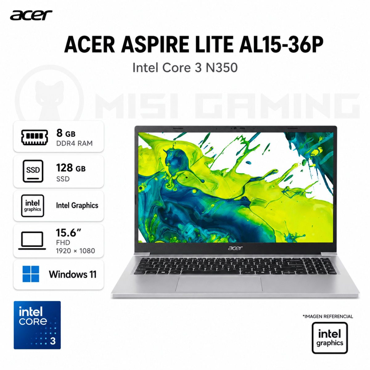 LAPTOP ACER ASPIRE LITE AL15-36P-32XP CORE 3 N350 8GB DDR4 128GB M.2 15.6