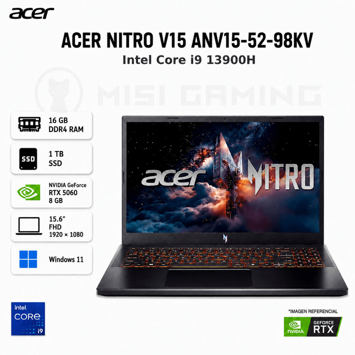LAPTOP ACER NITRO V15 ANV15-52-98KV CORE I9 13900H 16GB DDR4 1TB M.2 15.6