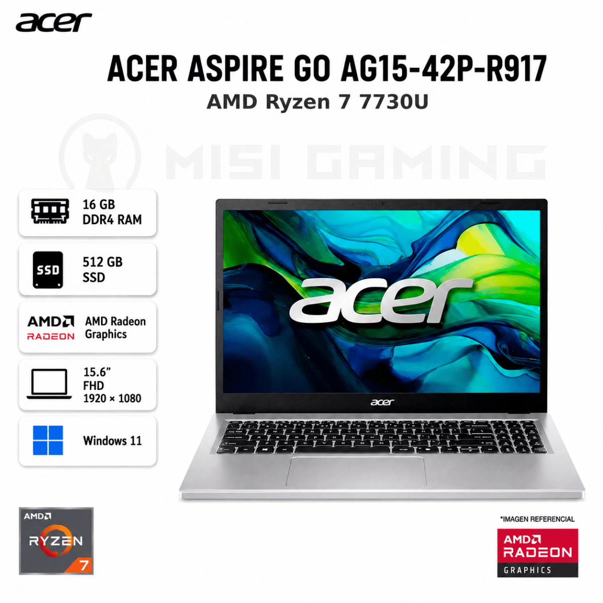 LAPTOP ACER ASPIRE GO AG15-42P-R917 RYZEN 7 7730U 16GB DDR4 512GB M.2 15.6