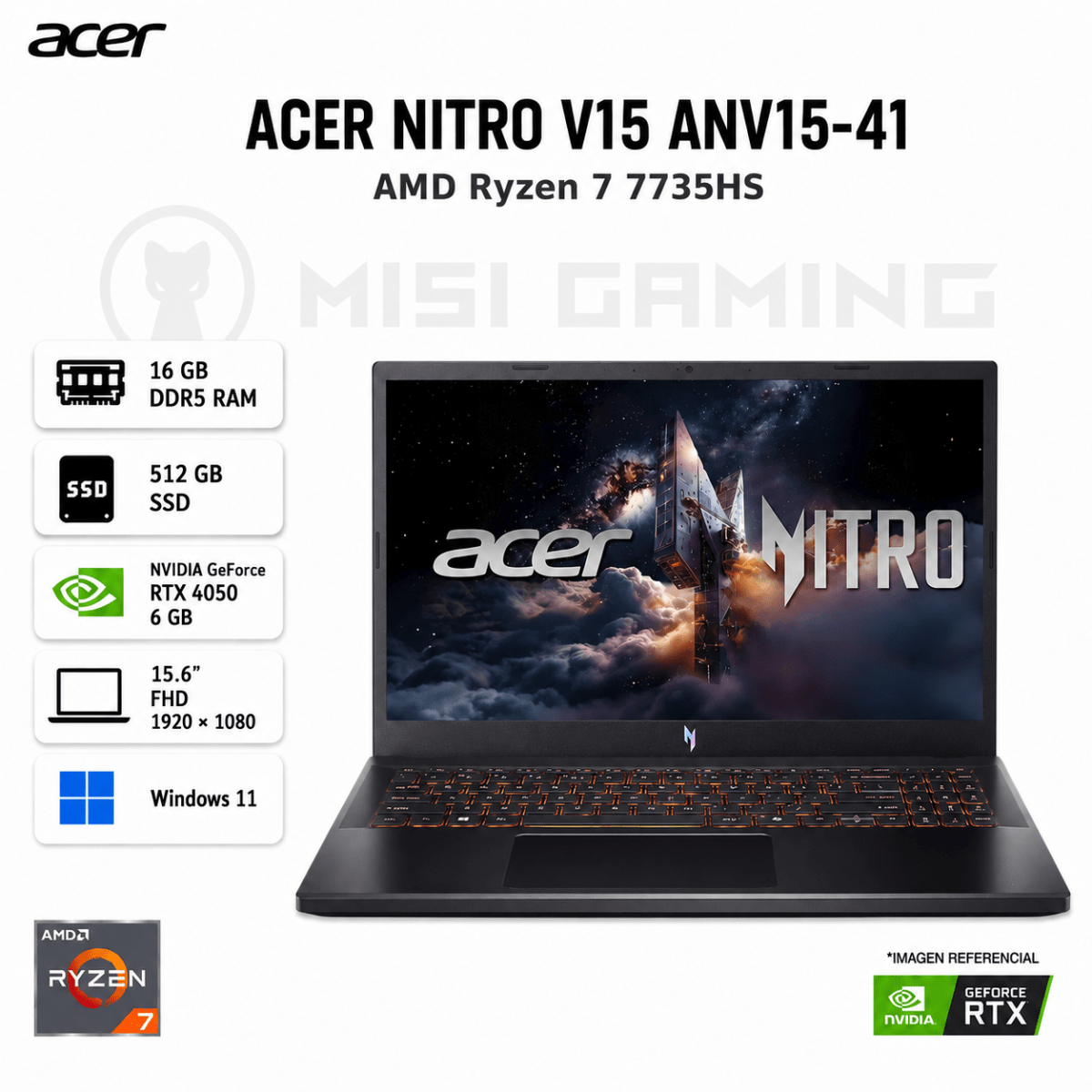 LAPTOP ACER NITRO V15 ANV15-41 RYZEN 7 7735HS 16GB DDR5 512GB M.2 15.6