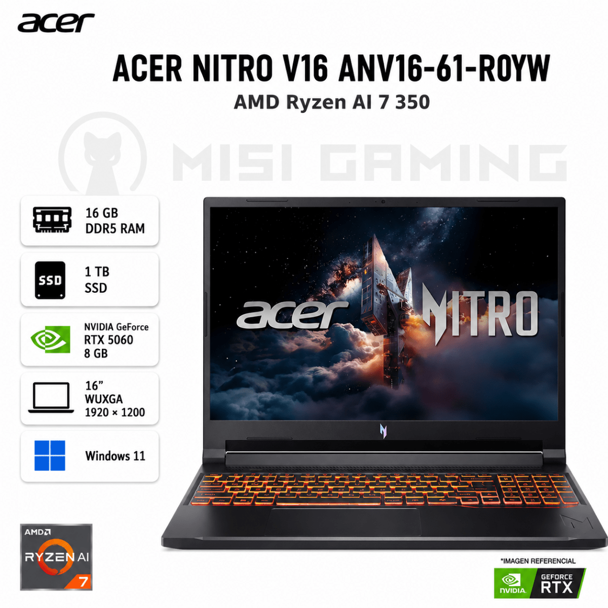 LAPTOP ACER NITRO V16 ANV16-61-R0YW RYZEN AI 7 350 16GB DDR5 1TB M.2 16