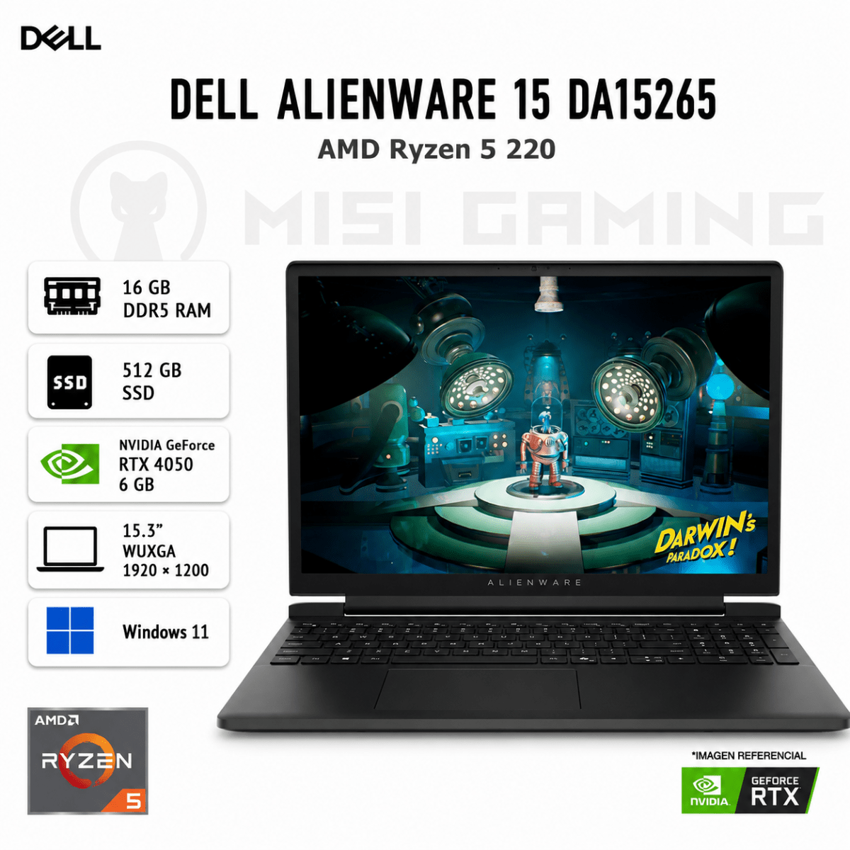 LAPTOP DELL ALIENWARE 15 DA15265 RYZEN 5 220 16GB DDR5 512GB M.2 15.3