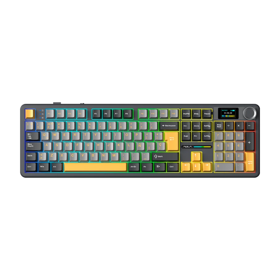 TECLADO MECANICO AULA F108 PRO RGB DONGLE BLUETOOTH 100% ESP (SW-REAPER) BLACK/GREY/YELLOW