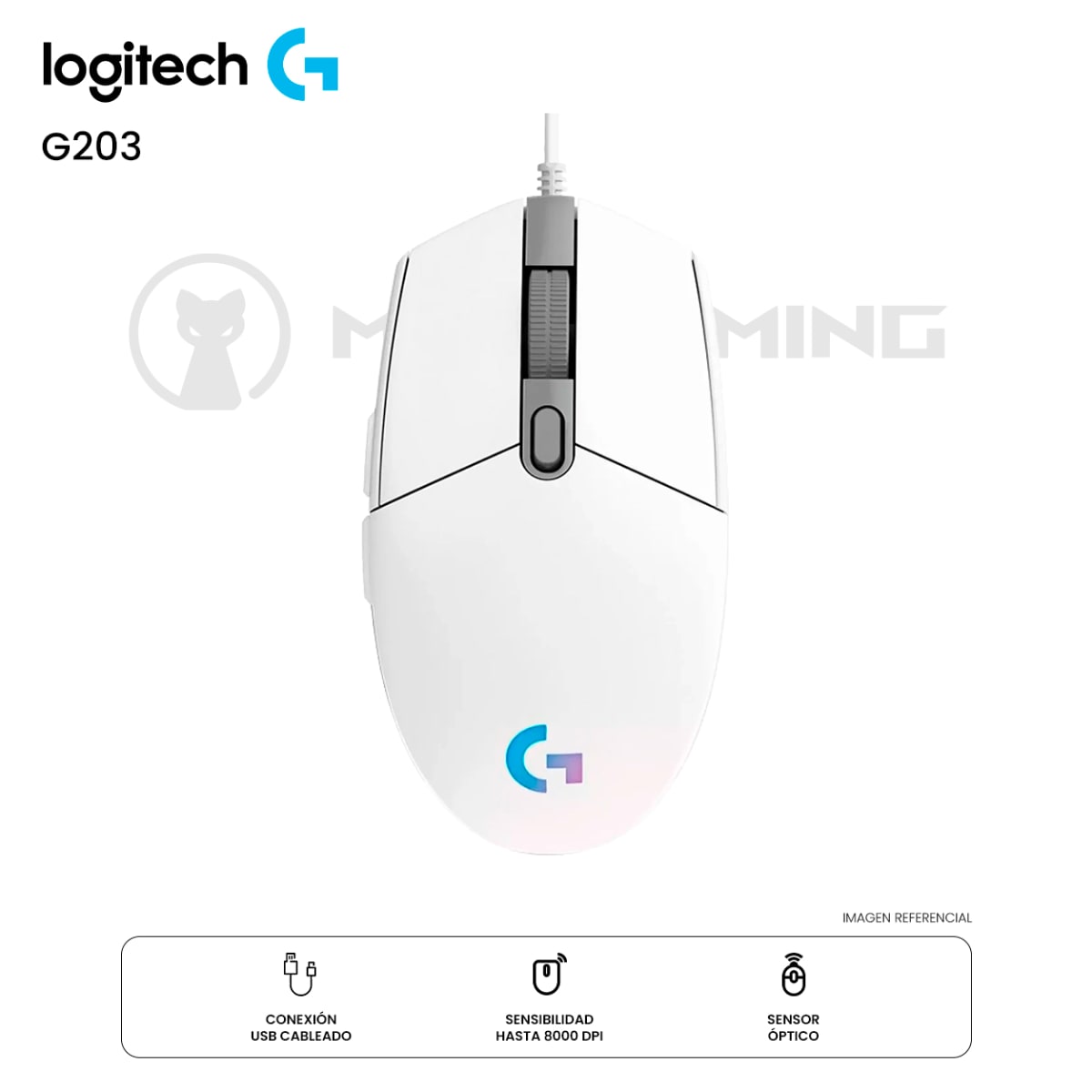 MOUSE LOGITECH G203 RGB LIGHTSYNC CABLEADO 8K DPI WHITE