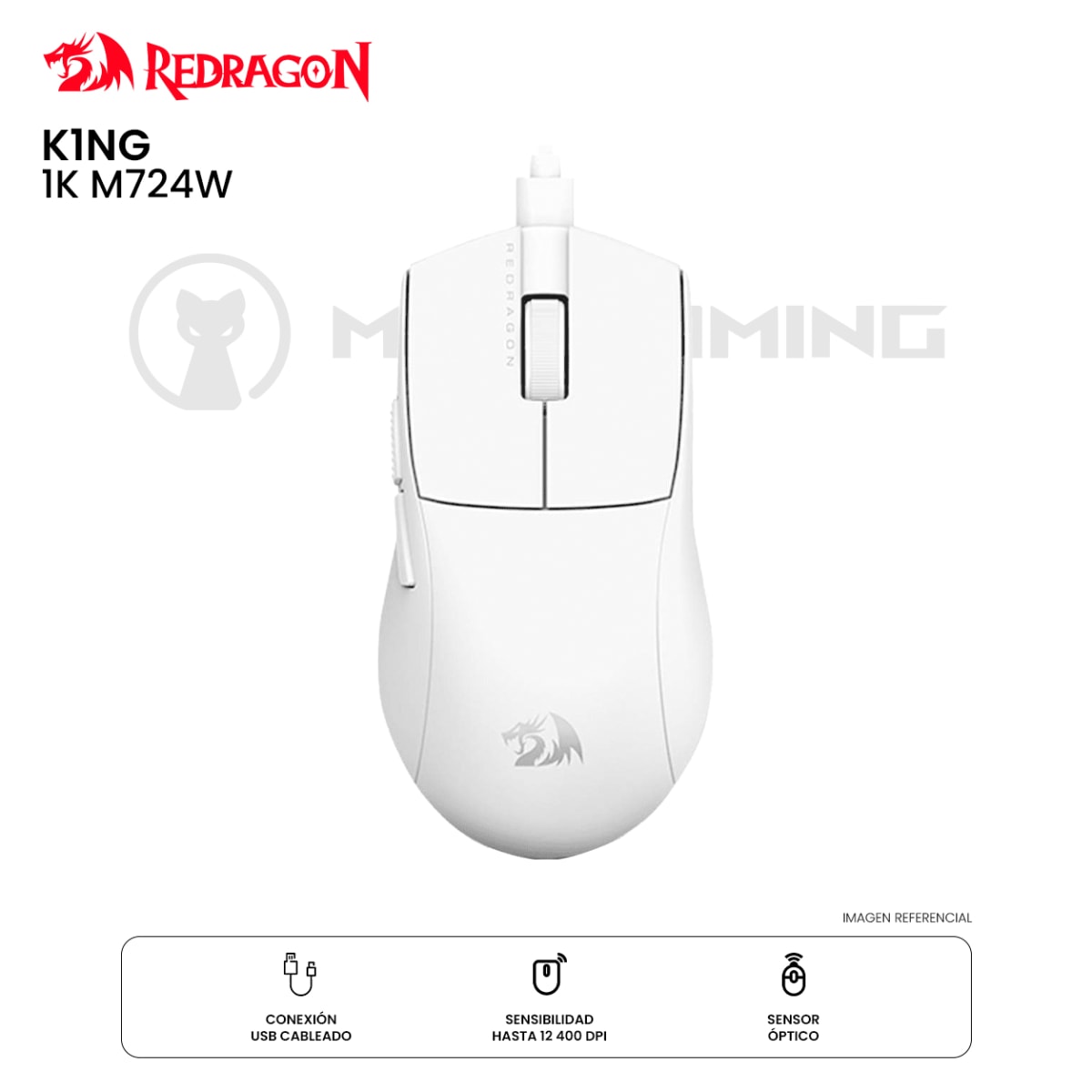 MOUSE REDRAGON K1NG 1K M724W CABLEADO 12.4K DPI WHITE