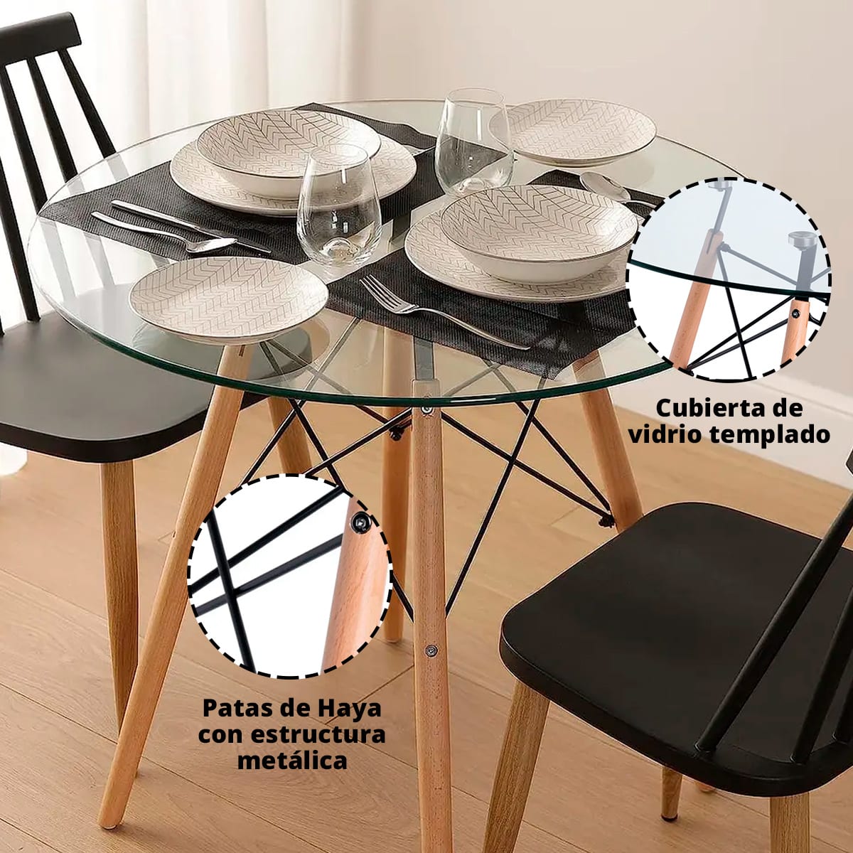 Mesa Eames Cubierta de Vidrio diam 80 cm2