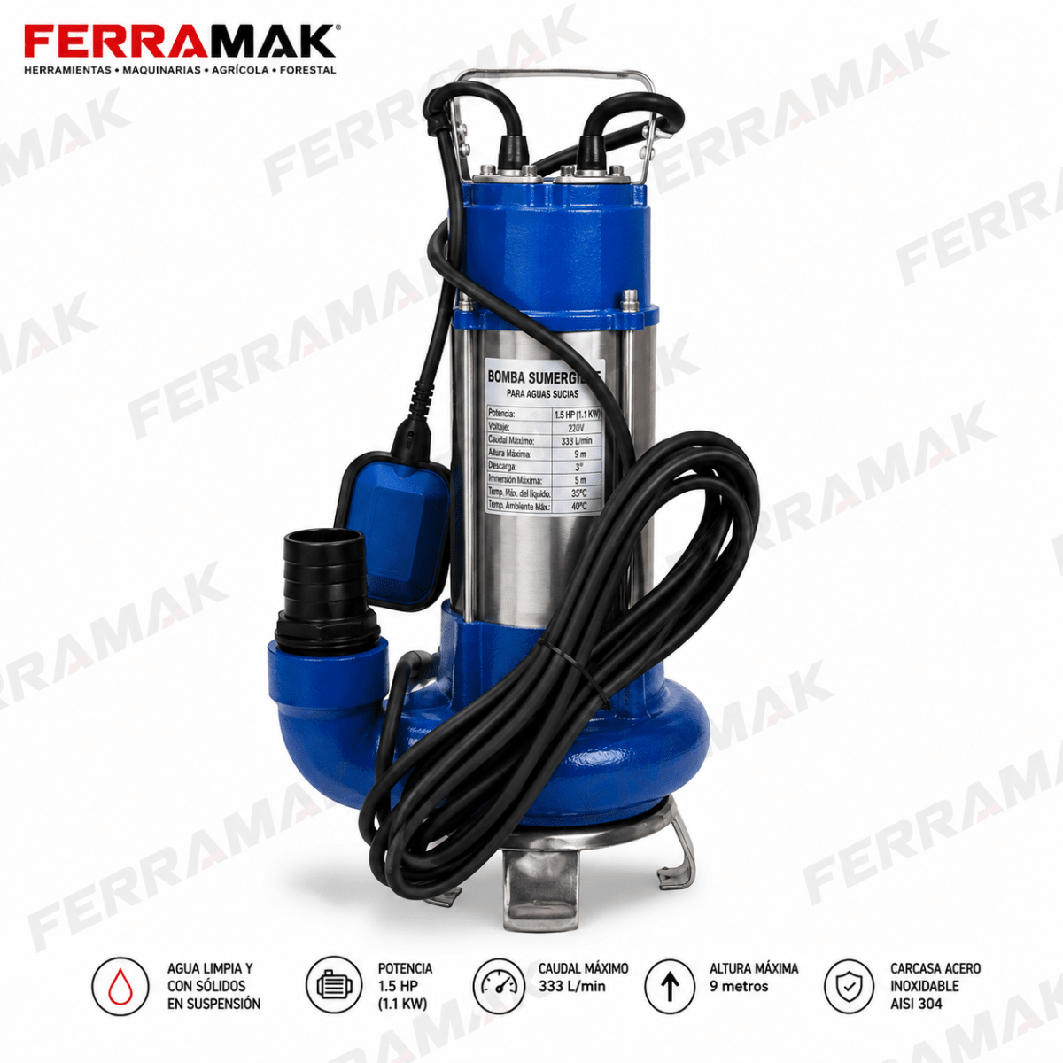 Bomba de Agua Sumergible De Acero Inox. 1.5 HP/1.1 Kw. 3