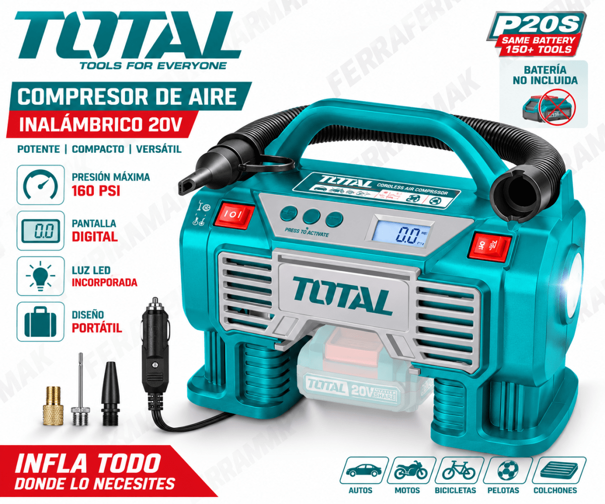 Inflador Compresor Aire Inalámbrico 20v Total1