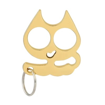 Manopla de acero, diseño gato dorado, tipo llavero, defensa personal