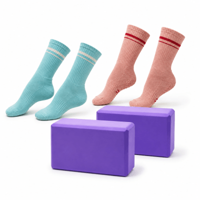 Pack Yoga 1: 2 Ladrillos Morados + 2 Pares de Calcetines antideslizantes