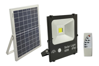 FOCO LED 60 WATTS CON PLACA SOLAR HORA DEFINIDA 3/5/8 HORAS C/CONTROL REMOTO ALCANCE 15 METROS IP671