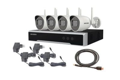 KIT NVR WIFI 4 CANALES IP + 04 CAMARA 2MP WIFI TIPO BULLET PARA EXTERIOR+04 FUENTE DE PODER NK42W0H