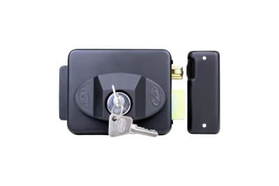 CERRADURA SOBREPUERTA COLOR NEGRO 12V/6WATT PARA PUERTAS Y PORTONES INCLUYE 2 LLAVES