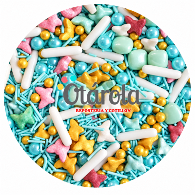 Sprinkles Mariposas Colores , Rods Blanco, Perlas Celeste 80grs.