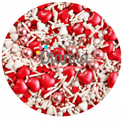 Sprinkles Corazon Rojo, perlas rose, Palitos blanco