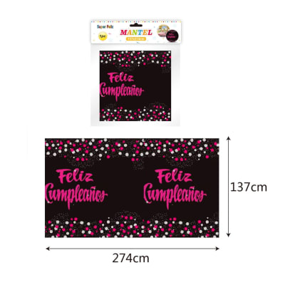 Mantel Feliz Cumpleaño Negro y Fucsia 137x183cms.1