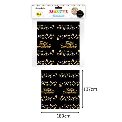 Mantel Feliz Cumpleaño Negro y Dorado (137x183)