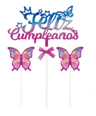 Toppers Feliz Cumpleaños Mariposas Morado y Azul 3pcs.