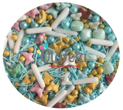 Sprinkles Mariposas colores , Rods Blanco, perlas celeste 80grs.