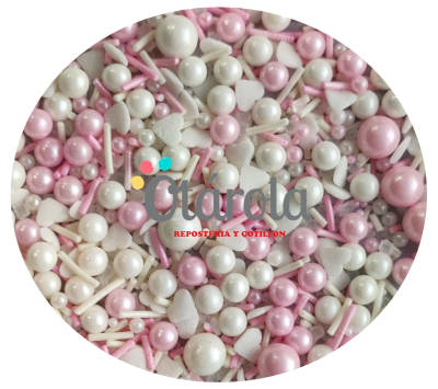 Sprinkles Perla Perlas Rosa, Corazon Blanco, Palitos Largo largo