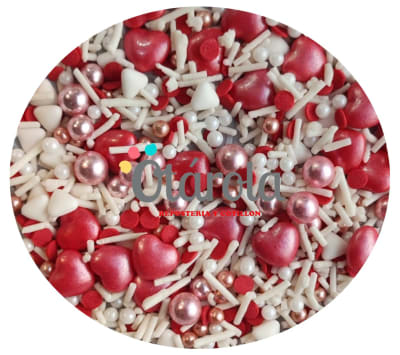 Sprinkles Corazon Rojo, perlas rose, Palitos blanco