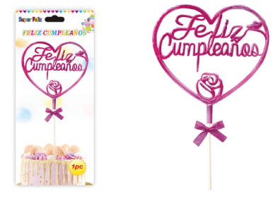 Topper Feliz Cumpleaños Fucsia Metalizado
