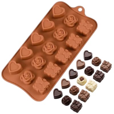 Molde Silicona Chocolate Flor,Regalo y Corazón 15div.