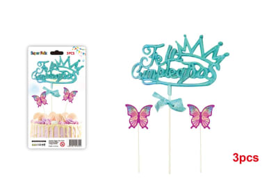 Toppers Feliz Cumpleaños Celeste Mariposas 3pzas