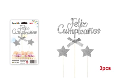 Toppers Feliz Cumpleaños Plata 3pzas.