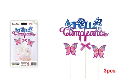 Toppers Feliz Cumpleaños Fucsia Mariposas 3pzas.
