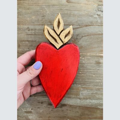 Corazón Madera Rojo Llama Dorada Corazón Madera Rojo Llama Dorada