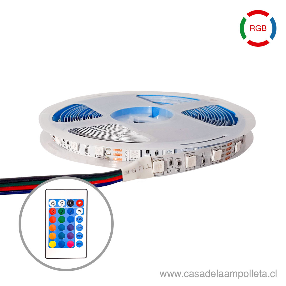 CINTA LED ROLLO 5 MTS CON CONTROL Y TRANSFORMADOR 220V - RGB