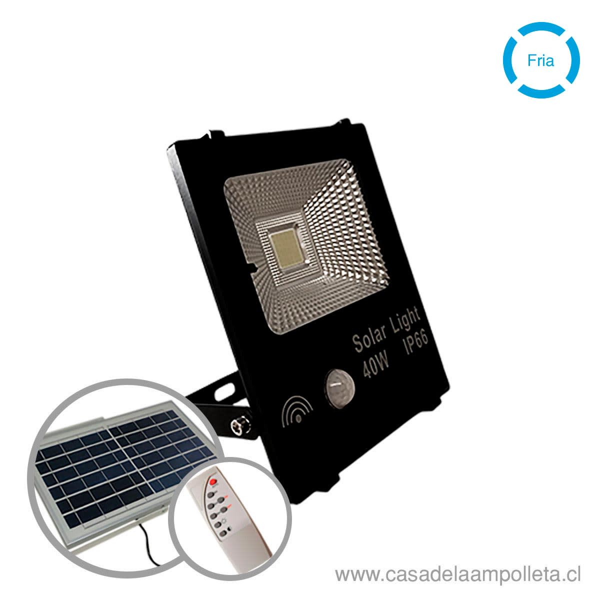 PROYECTOR LED 40W CON PANEL SOLAR, CONTROL REMOTO Y SENSOR DE MOVIMIENTO - BLANCO FRÍO