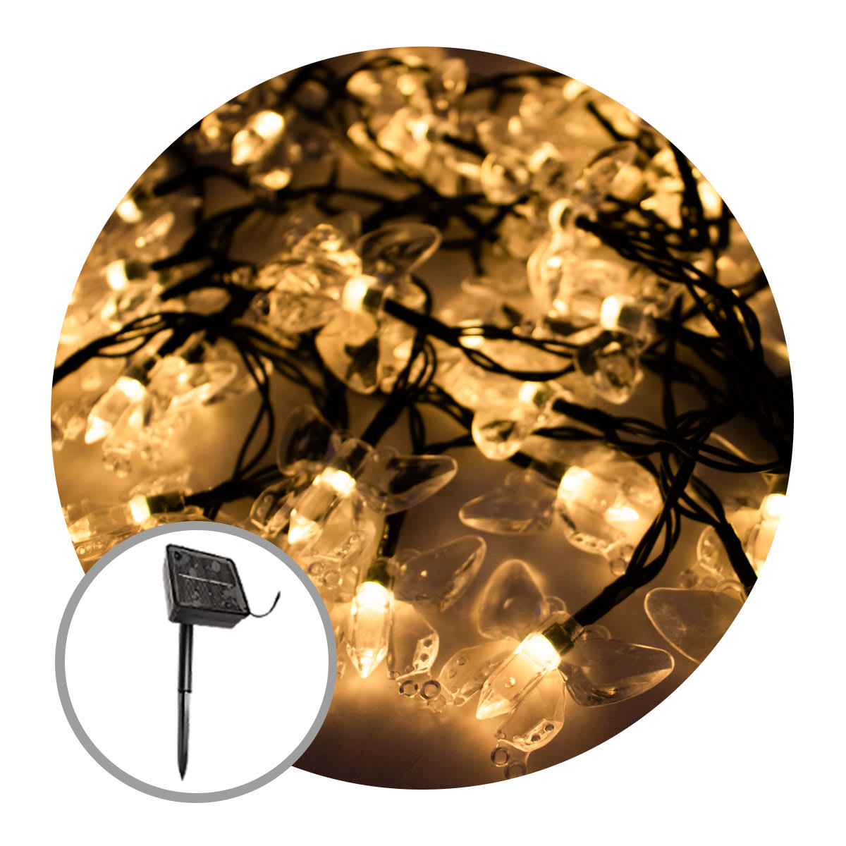 GUIRNALDA SOLAR LED 2W MARIPOSA 5 METROS - BLANCO CÁLIDO (3000K)