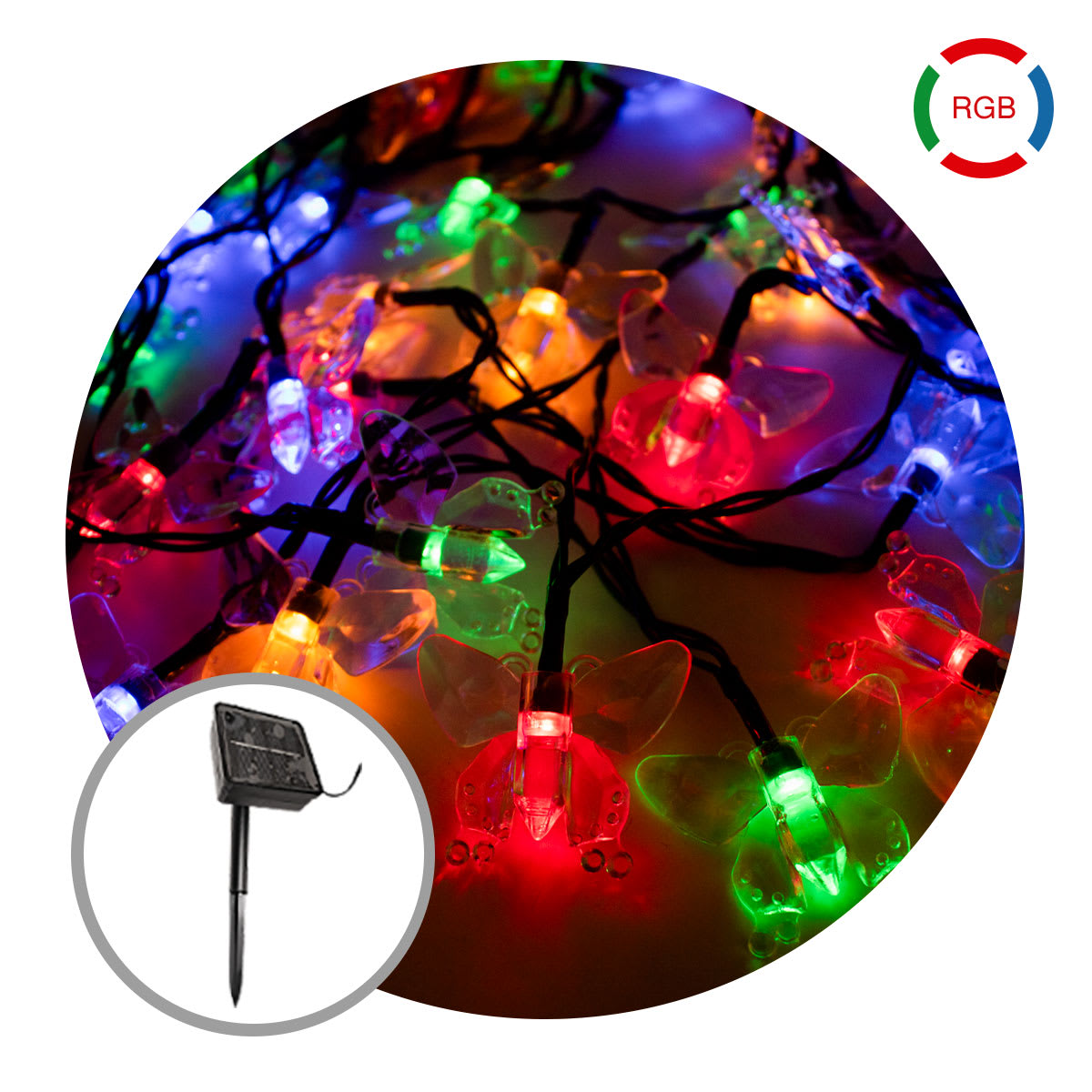 GUIRNALDA SOLAR LED 2W MARIPOSA 5 METROS - RGB