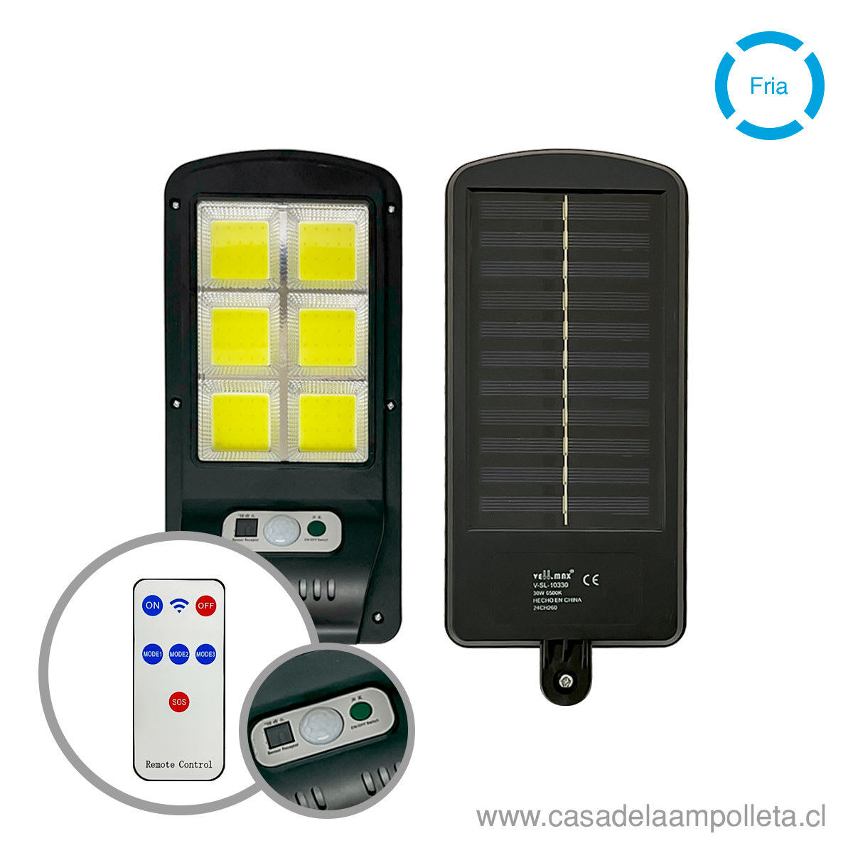 LUMINARIA PUBLICA LED SOLAR 30W CON CONTROL REMOTO Y SENSOR DE MOVIMIENTO - BLANCO FRÍO (6500K)