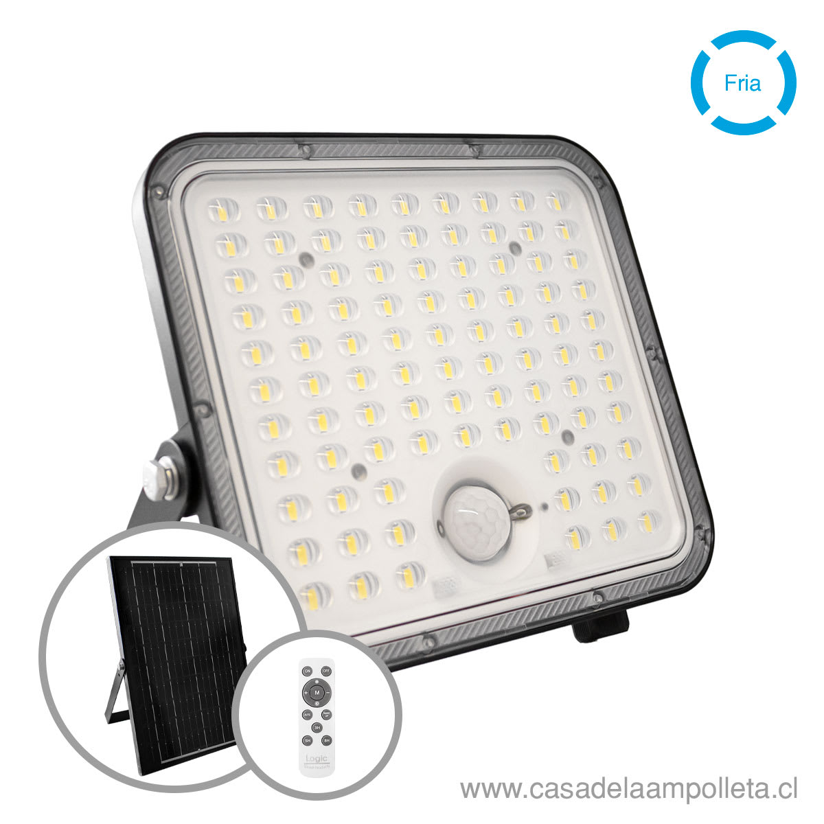 PROYECTOR LED 100W CON PANEL SOLAR, CONTROL REMOTO Y SENSOR DE MOVIMIENTO - BLANCO FRIO(6500K)