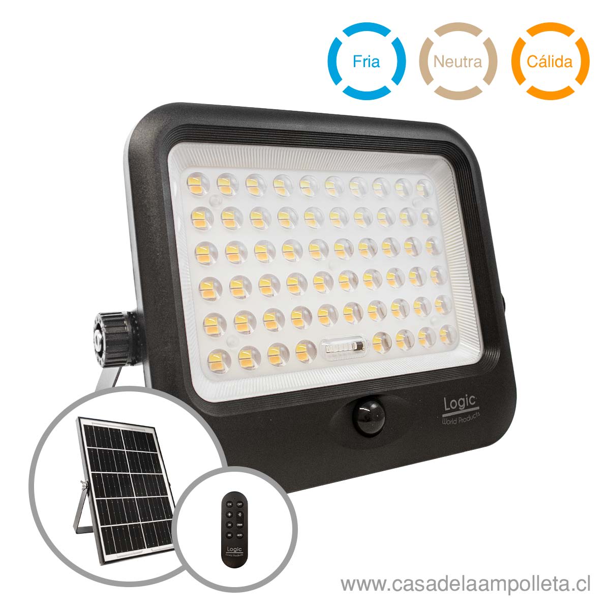PROYECTOR LED 250W CON PANEL SOLAR Y CONTROL REMOTO - BLANCO CÁLIDO, NEUTRO Y FRÍO