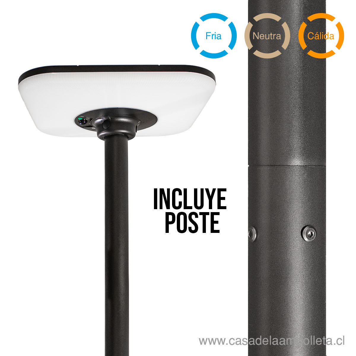 PAGODA LED SOLAR CUADRADA IP65 250W CON CONTROL REMOTO - BLANCO CÁLIDO, NEUTRO Y FRÍO + POSTE 3 METROS
