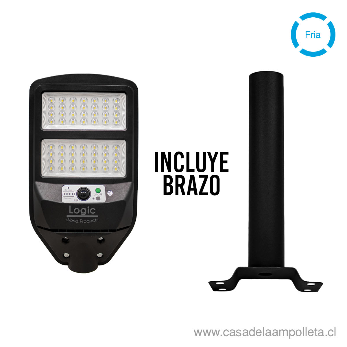 LUMINARIA PUBLICA LED PEATONAL SOLAR 100W S02 - BLANCO FRÍO + SOPORTE/BRAZO A MURO