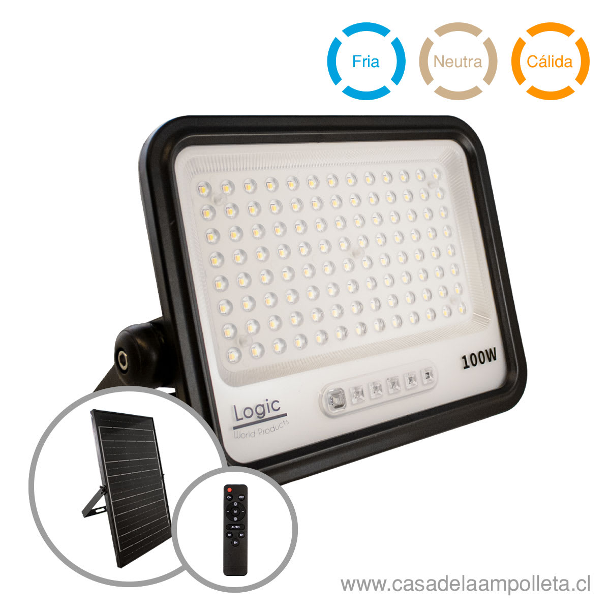 PROYECTOR LED 100W CON PANEL SOLAR Y CONTROL REMOTO - 7 TONOS DE LUZ BLANCA