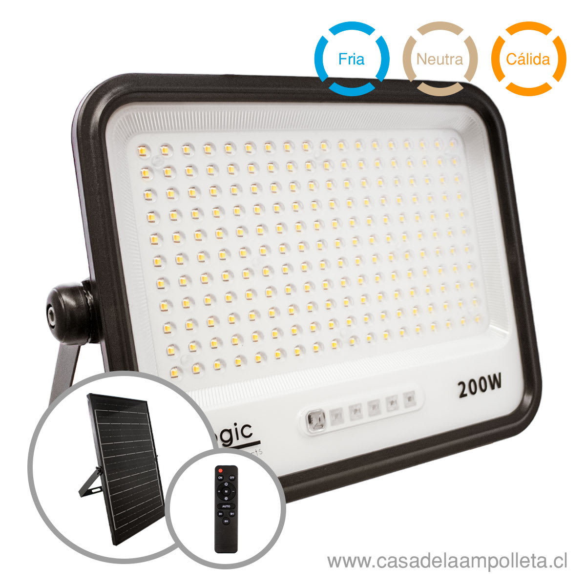 PROYECTOR LED 200W CON PANEL SOLAR Y CONTROL REMOTO - 7 TONOS DE LUZ BLANCA