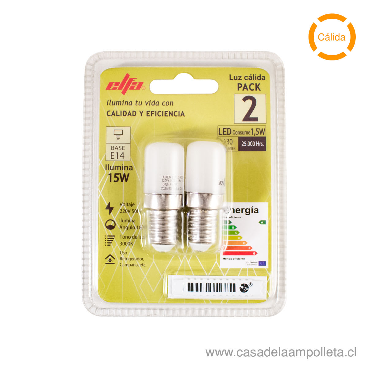 PACK 2 UDS - AMPOLLETA LED E14 1,5W (15W) - BLANCO CÁLIDO (3000K)