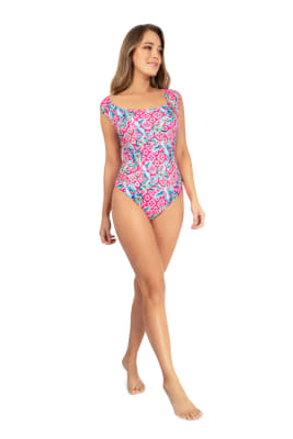 Traje De Baño Con Control de Abdomen Fucsia Tropical PaoPink Traje De Baño Con Control de Abdomen Fucsia Tropical PaoPink